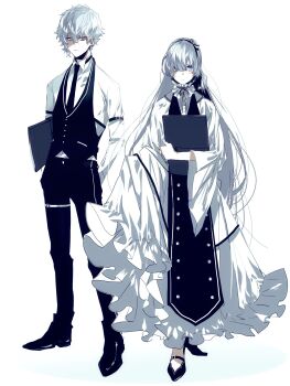 1boy 1girl alternate_costume anastasia_(fate) black_necktie black_pants blue_eyes commentary commentary_request dress earrings fate/grand_order fate_(series) formal_clothes hair_over_one_eye hairband highres holding jewelry kaa kadoc_zemlupus long_hair long_sleeves looking_at_viewer necktie pants shirt short_hair silver_hair simple_background suit vest white_background white_shirt
