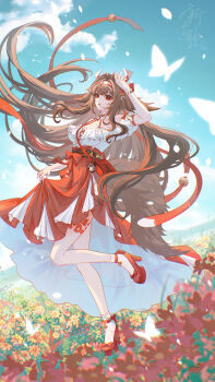 1girl absurdres aqinorz bare_shoulders breasts brown_hair bug butterfly dress droopy_ears frilled_dress frills full_body hair_ornament hairband highres insect large_breasts long_hair looking_at_viewer red_eyes red_skirt skirt solo tail very_long_hair ye_shunguang zenless_zone_zero