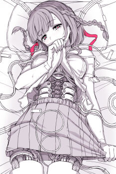 1girl android android_girl_aki android_girl_kotomi bed blush braid cable head_on_pillow highres itou_(onsoku_tassha) lifting_own_clothes lying mechabare monochrome on_back original pillow red_eyes short_hair skirt spaghetti_strap sweatdrop tagme tears twin_braids wire