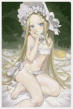 1girl abigail_williams_(fate) abigail_williams_(swimsuit_foreigner)_(fate) abigail_williams_(swimsuit_foreigner)_(third_ascension)_(fate) barefoot bikini blonde_hair blue_eyes bonnet bow fate/grand_order fate_(series) feet flat_chest food foot_out_of_frame highres honey legs licking licking_finger long_hair navel nemo_(leafnight) pancake parted_bangs plate revision sitting sketch solo strapless strapless_bikini swimsuit toenails toes tongue tongue_out very_long_hair white_bikini white_bonnet white_bow