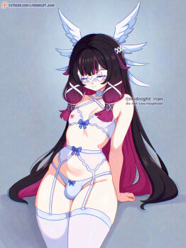 1boy absurdres adversarial_noise arm_support arms_at_sides bare_arms bare_shoulders black_hair blue_bow bow bow_panties bra bulge center-flap_bangs choker chromatic_aberration closed_eyes closed_mouth colored_inner_hair columbina_(genshin_impact) commentary criss-cross_halter crossdressing crossdressing_(mtf) double-parted_bangs english_commentary eye_mask facing_down feathered_wings garter_belt garter_straps genderswap genderswap_(ftm) genshin_impact gradient_hair grey_background grey_bra grey_panties groin hair_between_eyes hair_flaps hair_intakes hair_ornament hair_ribbon halterneck head_wings highleg highleg_panties highres invisible_chair linea_alba long_hair low-tied_sidelocks male_focus mask midnight_rian multicolored_hair narrow_waist outline panties patreon_logo patreon_username pink_hair pink_streaks red_choker ribbon see-through_bra see-through_clothes see-through_mask shadow sidelocks simple_background sitting smile stomach streaked_hair thick_thighs thighhighs thighs trap twitter_username two-tone_hair u_u underwear very_long_hair watermark web_address white_mask white_outline white_ribbon white_thighhighs white_wings wide_hips wing_hair_ornament wings