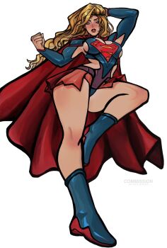 Rule 34 | 1girl, absurdres, blonde hair, blue bodysuit, bodysuit, boots, breasts, cape, dc comics, highres, large breasts, long hair, peter chai, red boots, red cape, solo, supergirl, superhero costume, superman (series), superman logo, torn clothes