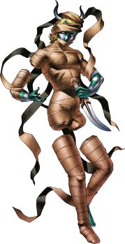 Rule 34 | 1boy, absurdres, attis (megami tensei), bandaged arm, bandaged leg, bandaged torso, bandages, blonde hair, brown bandages, colored skin, demon (megami tensei), devil summoner: soul hackers, devil summoner (series), full body, green skin, highres, holding, holding knife, horns, kazuma kaneko, knife, multicolored skin, official art, severed limb, shin megami tensei, simple background, solo, third-party source, transparent background, two-tone skin, white skin, yellow eyes