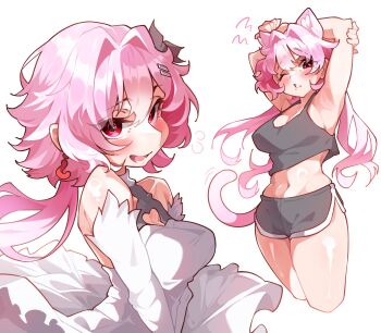 1girl absurdres alternate_costume animal_ear_fluff animal_ears armpits breasts cat_ears cat_tail cleavage_cutout clothing_cutout commentary detached_sleeves dolphin_shorts dress earrings evernight_(honkai:_star_rail) hair_ornament hairclip highres honkai:_star_rail honkai_(series) jewelry kemonomimi_mode march_7th_(honkai:_star_rail) medium_breasts midriff navel orcavice parallel_hairclips pink_hair red_eyes shorts single_earring stretching tail thighs white_background white_dress