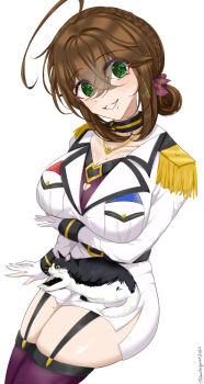 1girl ahoge arm_support arm_under_breasts black_fur breast_pocket breasts brown_hair cat chamumi_(mochiumee) epaulettes female_admiral_(kancolle) folded_ponytail garter_belt gloves green_eyes jacket kantai_collection large_breasts looking_at_viewer military_jacket miniskirt mole mole_on_breast mole_on_thigh mole_under_mouth pencil_skirt pocket simple_background skirt smile solo thighhighs white_background white_fur white_gloves white_jacket