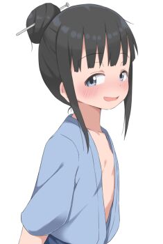1girl black_hair blue_eyes blue_kimono blush bubukka collarbone dot_nose flat_chest hair_bun hair_ornament hair_stick japanese_clothes kimono kunoichi_tsubaki_no_mune_no_uchi looking_at_viewer mokuren_(kunoichi_tsubaki_no_mune_no_uchi) naughty_face no_bra open_mouth sidelocks simple_background single_hair_bun smile smug white_background