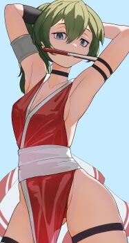 abs absurdres armband armpits arms_up ass black_choker blue_background breasts choker cleavage cosplay cowboy_shot fatal_fury from_below green_hair highres hip_bones legs medium_breasts pelvic_curtain shiranui_mai shiranui_mai_(cosplay) sideboob simple_background small_breasts sousou_no_frieren ubel_(sousou_no_frieren) upper_body xvrh8558