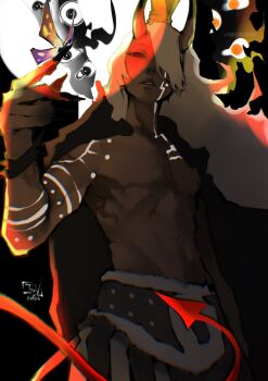 1boy abstract_background androgynous arm_tattoo artist_name black_nails body_markings bug butterfly cape chromatic_aberration crown dark-skinned_male dark_skin demon_boy demon_horns demon_tail facial_tattoo fingernails hair_over_one_eye highres horns imu_(one_piece) insect loincloth long_fingernails long_hair nerona_imu one_piece parted_lips red_eyes ringed_eyes solo tail tattoo toned toned_male topless_male upper_body vinsent watermark white_hair