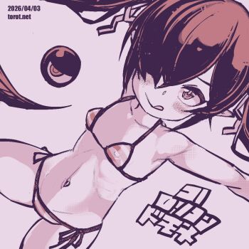 1girl :q backbeako_(torotei) backbeard bikini blush breasts collarbone commentary dated dated_commentary dutch_angle gegege_no_kitarou groin hair_over_one_eye hair_ribbon kono_lolicon_domome loli long_hair looking_at_viewer micro_bikini monochrome navel original outstretched_arms paid_reward_available pink_background pink_theme pointy_ears ribbon ribs side-tie_bikini_bottom simple_background small_breasts smile solo stomach striped_bikini striped_clothes swimsuit tongue tongue_out torotei translated twintails watermark web_address