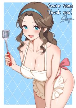 Rule 34 | 1girl, apron, blue eyes, blue hairband, blush, breasts, brown hair, cleavage, collarbone, commentary request, hairband, highres, holding, holding spatula, large breasts, long hair, looking at viewer, mature female, naked apron, nintendo, open mouth, pokemon, pokemon bw, simple background, smile, solo, spatula, surippa1010, unova mother (bw), white apron