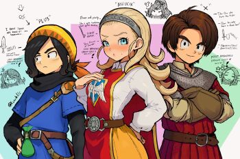 Rule 34 | 1girl, 2boys, ?, ??, anlucea, armor, belt, black eyes, black hair, black shirt, blonde hair, blouse, blue eyes, blue tunic, blush, brown belt, brown gloves, brown hair, chainmail, character name, commentary request, crossed arms, curly hair, dragon quest, dragon quest x, english text, fins, gloves, hair slicked back, hairband, hand on own hip, head fins, headband, hero (dq10), high ponytail, long hair, looking at viewer, luchenda (dq10), lunchiblz, medium hair, mole, mole under mouth, multiple boys, orange skirt, original, ponytail, red tabard, red tunic, shirt, short hair, side part, silver hairband, simple background, skirt, tabard, tunic, upper body, weddie (dq10), white shirt, yellow headband