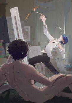 2boys amamiya_ren art_room basket black_hair black_pants blue_hair box canvas_(object) cardboard_box completely_nude corrupted_twitter_file easel highres holding holding_paintbrush indoors kitagawa_yuusuke long_sleeves male_focus modeling muershao multiple_boys nude nude_modeling paint paintbrush painting_(action) pants persona persona_5 reclining shirt sweat white_shirt