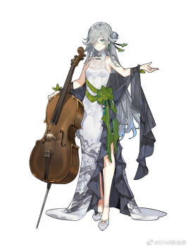 1girl bare_shoulders blue_eyes breasts cello character_request check_character closed_mouth dress fu_hua full_body grey_hair grey_shoes hair_over_one_eye holding holding_instrument honkai_(series) honkai_impact_3rd instrument long_hair looking_at_viewer shoes simple_background sleeveless sleeveless_dress small_breasts smile solo standing starshadowmagician very_long_hair white_background white_dress