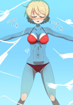1girl absurdres bikini blonde_hair blush braid breasts cameltoe cleavage closed_eyes collarbone commentary_request darjeeling_(girls_und_panzer) girls_und_panzer highres jinguu_(4839ms) large_breasts navel open_mouth pool red_bikini smile solo swimsuit