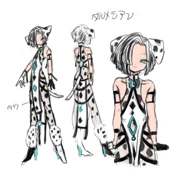 1boy animal_ears black_footwear black_gloves black_hair blue_eyes bodysuit boots reference_sheet closed_mouth commentary_request dalmatian dalmatian_print dog_boy dog_ears dog_tail full_body gloves hair_over_one_eye highres looking_at_viewer male_focus multicolored_hair multiple_views original pelvic_curtain shima_(wansyon144) simple_background sleeveless sleeveless_bodysuit smile standing streaked_hair tail translation_request trap white_background white_footwear white_gloves white_hair