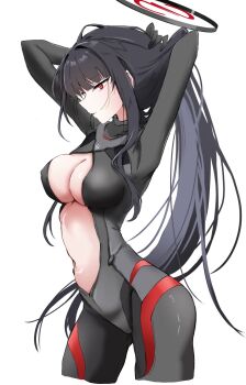 1girl adjusting_hair arms_up black_bodysuit black_hair black_halo blue_archive blunt_bangs bodysuit breasts bright_pupils cleavage commentary_request contrapposto halo highres large_breasts long_hair mizuhane_(mizuhane_miu) navel official_alternate_costume open_clothes red_eyes ringed_eyes rio_(blue_archive) rio_(bodysuit)_(blue_archive) simple_background skin_tight solo stomach very_long_hair white_background white_pupils