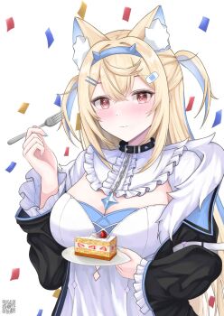 1girl animal_ear_fluff animal_ears black_coat blonde_hair blue_hair blush breasts cake cleavage closed_mouth coat commentary confetti dog_ears dog_girl dress english_commentary food fork fuwawa_abyssgard fuwawa_abyssgard_(1st_costume) hairband highres holding holding_fork holding_plate hololive hololive_english large_breasts multicolored_hair naryuu_(like-af) open_clothes open_coat pink_eyes plate qr_code solo spiked_hairband spikes strawberry_shortcake streaked_hair two-tone_hair two_side_up upper_body virtual_youtuber white_background white_dress
