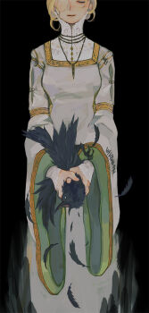 1girl animal artist_name bird black_background blonde_hair closed_eyes commentary crow dark_souls_(series) dark_souls_ii dress feathers feet_out_of_frame grey_dress holding holding_animal holding_bird jewelry kanon_(rsl) long_dress long_sleeves nashandra necklace open_mouth short_hair simple_background solo standing strangling wide_sleeves