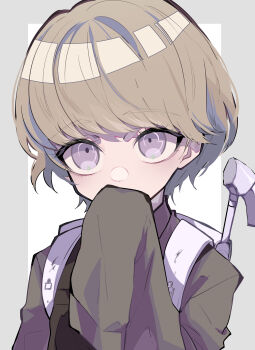 1boy absurdres androgynous backpack bag border brown_hair covered_mouth danganronpa_(series) danganronpa_another_episode:_ultra_despair_girls eyelashes grey_background grey_shirt hammer highres kemuri_jataro long_sleeves looking_at_viewer male_focus nekoma_hikaru no_mask purple_eyes shirt short_hair simple_background solo upper_body white_border