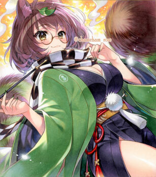 1girl :3 ahoge animal_ear_fluff animal_ears artist_name black_kimono blush breasts brown-framed_eyewear brown_hair chacham checkered_clothes checkered_scarf cleavage closed_mouth commentary_request cowboy_shot dutch_angle fingernails futatsuiwa_mamizou glasses green_haori green_nails haori holding holding_smoking_pipe japanese_clothes kimono large_breasts leaf leaf_on_head light_particles long_fingernails looking_at_viewer marker_(medium) obi obijime pince-nez raccoon_ears raccoon_tail sash scarf semi-rimless_eyewear short_hair smile smoke smoke_trail smoking_pipe solo tail touhou traditional_media twitter_username under-rim_eyewear yellow_eyes