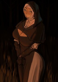 1girl black_background black_capelet black_gloves black_hood breasts capelet cleavage commentary cowboy_shot dairenke_art elbow_gloves elden_ring elden_ring_nightreign english_commentary gloves highres jewelry large_breasts looking_at_viewer necklace night nun own_hands_clasped own_hands_together simple_background solo undertaker_(elden_ring) white_coif yellow_eyes