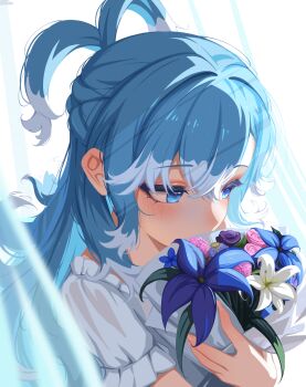 1girl alternate_costume averting_eyes blue_eyes blue_hair blurry blurry_foreground blush bouquet braid colored_tips commentary crossed_bangs curtains flower frilled_shirt frills half_up_braid highres holding holding_bouquet hololive hololive_indonesia kobo_kanaeru long_hair multicolored_hair puffy_short_sleeves puffy_sleeves sansha_art shirt short_sleeves solo two-tone_hair upper_body virtual_youtuber wavy_hair white_hair white_shirt