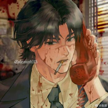 1boy bad_source black_eyes black_hair black_jacket black_necktie black_suit blood blood_on_clothes blood_on_face blood_on_hands blood_splatter blurry blurry_background cigarette collared_shirt corded_phone formal_clothes highres holding holding_phone indoors jacket long_sleeves looking_at_viewer male_focus necktie original parted_bangs phone portrait pulppunk001 sample_watermark scar scar_on_face shirt short_hair smoking solo suit talking_on_phone thick_eyebrows watermark weibo_username weibo_watermark white_shirt window_blinds
