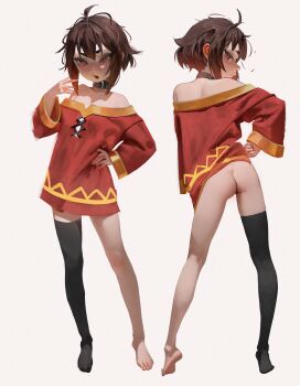 1girl ass barefoot brown_hair collar collarbone dress highres kono_subarashii_sekai_ni_shukufuku_wo! loli long_sleeves looking_at_viewer looking_back megumin multiple_views off-shoulder_dress off_shoulder red_eyes short_dress short_hair_with_long_locks single_thighhigh standing tagme thighhighs white_background yoko-chan_(mijizukeyoko)
