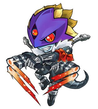 1boy apollousa_(hwcdmw1997) beelzebumon black_pants blonde_hair blue_skin chibi colored_skin digimon digimon_(creature) dual_wielding eye_mask full_body gun highres holding holding_gun holding_weapon light_trail male_focus mask pants red_eyes short_hair simple_background third_eye weapon white_background
