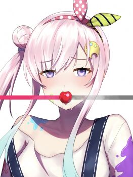 1girl airani_iofifteen ball_gag ball_gag_progress_bar_(meme) blue_hair blush breasts gag gradient_hair hair_bun hair_ornament hairband highres hololive hololive_indonesia long_hair long_sidelocks looking_at_viewer meme multicolored_hair noa00003 paint_on_body paint_splatter palette_hair_ornament pink_hair progress_bar purple_eyes side_ponytail sidelocks smile solo virtual_youtuber