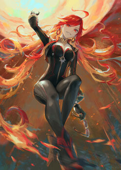 1girl absurdres ahoge biker_clothes bikesuit black_bodysuit black_gloves bodysuit breasts earrings fire genshin_impact gloves grin highres incoming_attack jewelry long_hair long_sleeves looking_at_viewer maoxianqianbei mavuika_(genshin_impact) multicolored_eyes multicolored_hair orange_eyes orange_hair pyrokinesis red_hair smile solo sunglasses teeth two-tone_eyes two-tone_hair very_long_hair