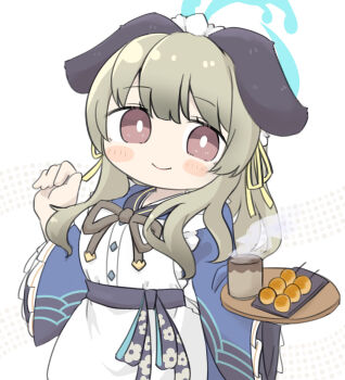 1girl animal_ears apron blue_archive blue_kimono blush_stickers brown_eyes brown_hair closed_mouth commentary_request cup dog_ears food frilled_apron frilled_sleeves frills halo hands_up highres holding holding_tray japanese_clothes kimono long_hair long_sleeves maid maid_apron maid_headdress miranofuudoria smile solo steam tray umika_(blue_archive) wa_maid white_apron white_background wide_sleeves yunomi