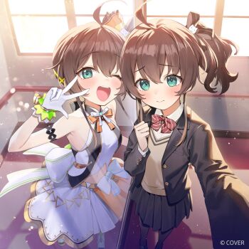 2girls :d ;d ahoge aqua_eyes back_bow black_jacket black_ribbon black_shoes black_skirt blazer bow bow_skirt bowtie brown_hair brown_sweater cat_hair_ornament closed_mouth collared_shirt commentary_request copyright_name day dual_persona gloves hair_between_eyes hair_ornament hair_ribbon halter_shirt halterneck hand_up highres hololive hololive_idol_uniform_(origin) idol_clothes indoors jacket large_bow layered_skirt loafers looking_at_viewer medium_hair miniskirt multiple_girls natsuiro_matsuri navel nyum official_alternate_costume official_art one_eye_closed open_mouth outstretched_arm pink_bow pink_bowtie ribbon school_uniform selfie shirt shoes side_ponytail sidelocks skirt skirt_set sleeveless sleeveless_shirt smile sweater teeth upper_teeth_only v-neck virtual_youtuber w white_bow white_gloves white_shirt white_skirt wrist_cuffs