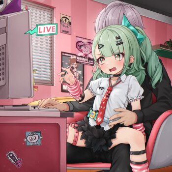 Rule 34 | 1boy, 1girl, arm warmers, black choker, black pants, black shirt, black skirt, breasts, choker, collarbone, collared shirt, commentary, comodox, computer, green eyes, green hair, grey hair, hair ornament, hairclip, heart, heart hair ornament, hetero, highres, indoors, leg warmers, livestream, long hair, long sleeves, miniskirt, nail polish, necktie, one side up, open mouth, pants, pink arm warmers, pink leg warmers, pink nails, poster (object), red necktie, shirt, short hair, short sleeves, sitting, sitting on lap, sitting on person, skirt, small breasts, spread legs, striped arm warmers, striped leg warmers, sunna (zenless zone zero), variant set, wavy mouth, white shirt, wise (zenless zone zero), zenless zone zero