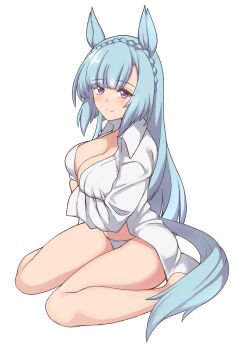 1girl absurdres alternate_costume animal_ears arm_under_breasts blue_hair blue_tail blush breasts cleavage closed_mouth commentary_request hakutaqanta highres horse_ears horse_girl horse_tail large_breasts long_hair looking_at_viewer mejiro_ardan_(umamusume) panties purple_eyes shirt simple_background sitting smile solo tail thighs umamusume underwear wariza white_background white_panties white_shirt