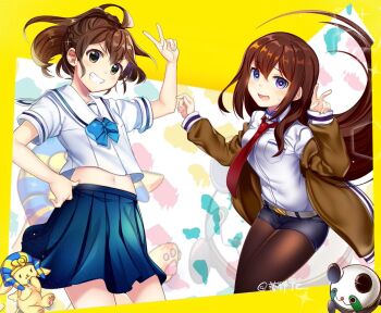 2girls arm_belt black_shorts blue_bow blush bow braid breast_pocket breasts brown_eyes brown_hair brown_jacket chest_bow chuo_tanegashima_high_school_uniform collared_shirt cropped_shirt embarrassed fingernails grin hair_between_eyes hair_over_shoulder half_up_braid high_ponytail in-franchise_crossover jacket jacket_partially_removed long_hair looking_at_viewer makise_kurisu midriff multiple_girls navel necktie open_mouth pantyhose pantyhose_under_shorts phinx_(robotics;notes) pocket ponytail ponytail_with_braided_base purple_eyes purple_trim red_necktie ringed_eyes robotics;notes rotte_(1109) sailor_collar school_uniform science_adventure senomiya_akiho shiny_lips shirt short_shorts short_sleeves shorts small_breasts smile steins;gate thighhighs tongue upa_(steins;gate) v very_long_hair wavy_mouth white_sailor_collar white_shirt