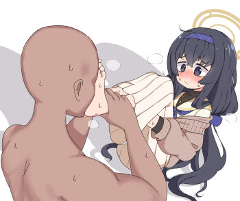 Rule 34 | 1boy, 1girl, absurdres, bags under eyes, barefoot, black eyes, black hair, black sweater, blue archive, blue hairband, blue neckerchief, blush, brown cardigan, cardigan, closed mouth, clothed female nude male, commentary, crossed bangs, dot nose, faceless, faceless male, feet, foot focus, foot on another's face, foot worship, hairband, halo, hetero, highres, layered sleeves, leims (urje8584), long hair, long skirt, low twintails, neckerchief, nose blush, nude, pleated skirt, sailor collar, shirt, skirt, soles, sweater, toes, turtleneck, turtleneck sweater, twintails, ui (blue archive), very long hair, wavy mouth, white sailor collar, white shirt, white skirt, yellow halo