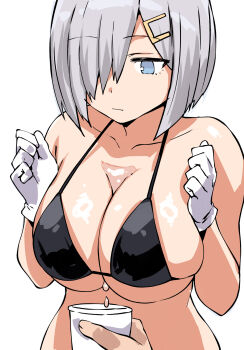 1girl belko bikini black_bikini blue_eyes breasts breasts_squeezed_together cleavage collarbone cup expressionless gloves grey_hair hair_ornament hair_over_one_eye hairclip hamakaze_(kancolle) highres kantai_collection large_breasts liquid short_hair sideboob swimsuit underboob white_gloves