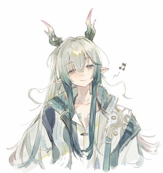 1boy arknights bacheally blue_hair coat dragon_horns hashtag-only_commentary highres horns long_pointy_ears multicolored_hair open_clothes open_coat pointy_ears simple_background smile white_hair