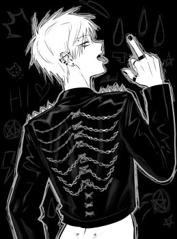 1boy alien_stage back_piercing barbell_piercing bottomless caramel_fucks commentary ear_piercing earrings english_commentary eyebrow_piercing face_piercing from_behind greyscale highres index_ring industrial_piercing jacket jewelry male_focus middle_finger middle_ring monochrome multiple_piercings multiple_rings nail_polish piercing ring solo spiked_jacket thumb_ring till_(alien_stage) tongue tongue_out tongue_piercing