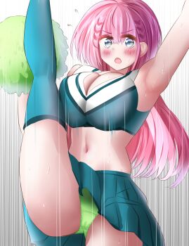 1girl aqua_eyes arm_up armpits bare_shoulders blue_eyes blush bokutachi_wa_benkyou_ga_dekinai breast_press breasts cheerleader cleavage collarbone gu~derenko highres kirisu_mafuyu large_breasts long_hair panties pink_hair pom_pom_(cheerleading) skirt solo split standing standing_on_one_leg standing_split stomach sweat underwear