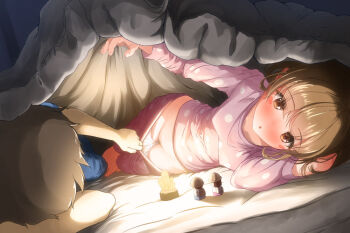 1boy 1girl bed blanket blush blush_stickers bob-cut_neighbor_girl_(tachiinu) brown_eyes brown_hair clothes_pull dark duvet kodomo_doushi lifting_covers loli lying on_side original pajamas pajamas_pull panties pants pants_pull panty_pull pink_pajamas pink_pants pink_shirt pulling_another's_clothes pussy shirt short_hair shota tachiinu underwear white_panties