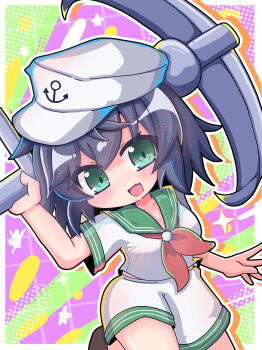 abstract_background absurdres anchor anchor_symbol ben-day_dots black_hair blush border chibi collared_shirt commentary_request cowboy_shot fang green_eyes hat highres looking_at_viewer midriff_peek murasa_minamitsu neckerchief open_mouth red_neckerchief screentones seputok0904 shirt short_hair shorts skin_fang touhou white_border white_hat white_shirt white_shorts