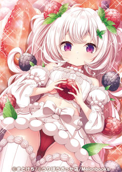 1girl bare_shoulders bow breasts closed_mouth detached_sleeves food food-themed_clothes food-themed_hair_ornament fruit hair_ornament holding holding_food juliet_sleeves long_hair long_sleeves looking_at_viewer lying matokechi melonbooks navel official_art on_back original panties puffy_sleeves purple_eyes raspberry raspberry_hair_ornament red_panties skirt small_breasts solo thighhighs underwear very_long_hair white_bow white_hair white_skirt white_sleeves white_thighhighs wide_sleeves