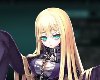 1girl aqua_eyes bags_under_eyes belt belt_collar black_belt blonde_hair blurry blurry_background breasts chain closed_mouth collar dmm game_cg hair_between_eyes jacket jitome large_breasts large_variant_set long_hair long_sidelocks long_sleeves looking_at_viewer loriya_romanovich non-web_source oosaki_shin'ya purple_jacket shirt sidelocks sleeves_past_fingers sleeves_past_wrists solo standing striped_clothes striped_shirt tachi-e tokyo_necro tokyo_necro_suicide_mission torn_clothes torn_shirt tsurime upper_body variant_set very_long_hair very_long_sidelocks wide_sleeves