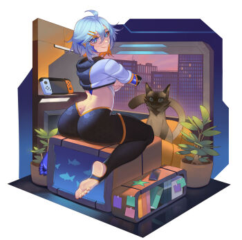 Rule 34 | 1girl, ahoge, aqua eyes, ass, asymmetrical legwear, backboob, black hoodie, black pantyhose, bookshelf, breasts, butt crack, cat, cityscape, closed mouth, colored inner hair, commission, fangs, from behind, full body, hair between eyes, hair ornament, hairclip, highres, hood, hoodie, large breasts, lips, looking at viewer, multicolored hair, nail polish, nintendo switch, orange hair, original, pantyhose, plant, potted plant, roxy thefoxy, shadow, short hair, sitting, smile, soles, solo, sticky note, stirrup legwear, toeless legwear, toenail polish, toenails, toes, two-tone hoodie, undressing, white hoodie