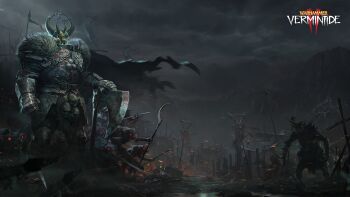 armor axe banner battle_axe chaos_(warhammer) dark fake_horns glowing hammer helmet highres horned_helmet horns mouse_(animal) official_art official_wallpaper plate_armor vermintide vermintide_2 war_hammer warhammer warhammer_fantasy weapon