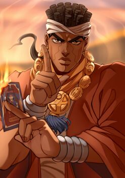 1boy absurdres black_hair brown_eyes brown_hair card dark-skinned_male dark_skin earrings facial_mark fire headband highres holding holding_card idinahui_pls jewelry jojo_no_kimyou_na_bouken male_focus mohammed_avdol necklace orange_robe ponytail robe solo stardust_crusaders tarot the_magician_(tarot) white_headband wrist_cuffs