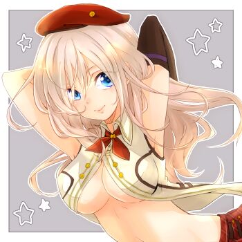 Rule 34 | 10s, 1girl, alisa ilinichina amiella, armpits, arms behind head, bad id, bad pixiv id, beret, blonde hair, blue eyes, breasts, elbow gloves, female focus, gloves, god eater, god eater 2: rage burst, hat, hiki-wota, jacket, large breasts, long hair, midriff, navel, solo, underboob