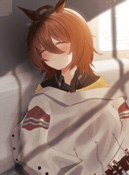 1girl agnes_tachyon_(umamusume) ahoge animal_ears black_necktie black_shirt blush chemical_structure closed_eyes coat collared_shirt cork ear_ornament earrings hair_between_eyes hara945 horse_ears horse_girl jewelry lab_coat nail_polish necktie parted_lips shirt single_earring sleeping solo sweater test_tube umamusume white_coat yellow_sweater